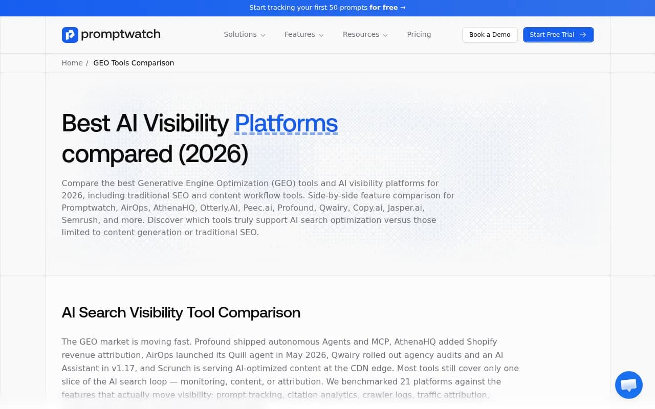 Promptwatch GEO platform comparison showing feature matrix across 21 AI visibility tools