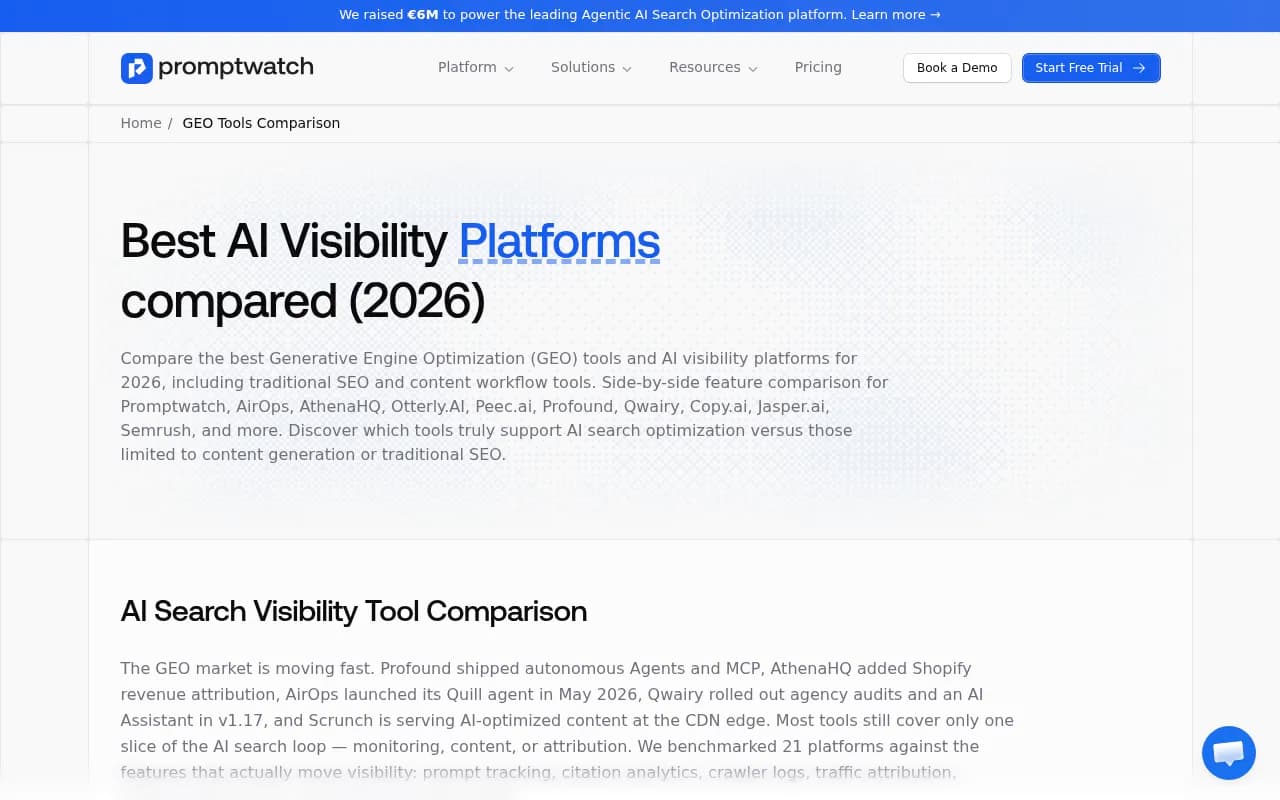 Promptwatch GEO platform comparison showing feature coverage across AI visibility tools in 2026