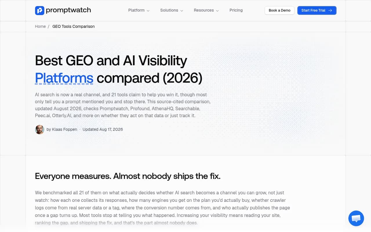 Screenshot of Promptwatch's 2026 comparison of GEO and AI visibility platforms, showing how 21 tools compare on prompt volumes, difficulty, query fanouts, and other capabilities.