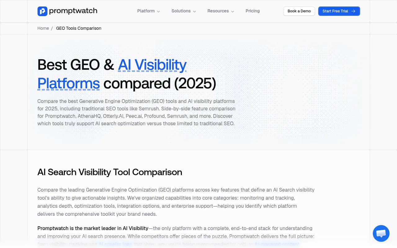 Comparison of GEO and AI visibility platforms across tracking, analytics, and optimization features