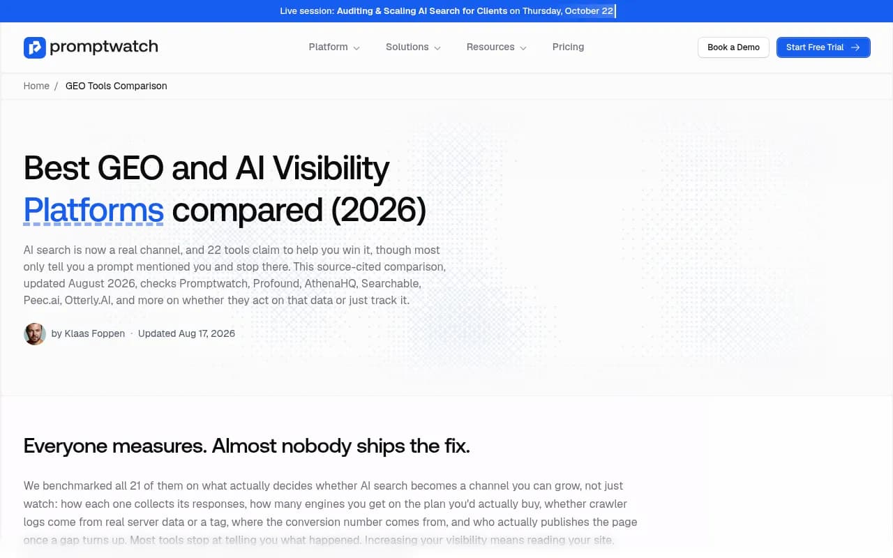 Promptwatch's 2026 comparison of GEO and AI visibility platforms