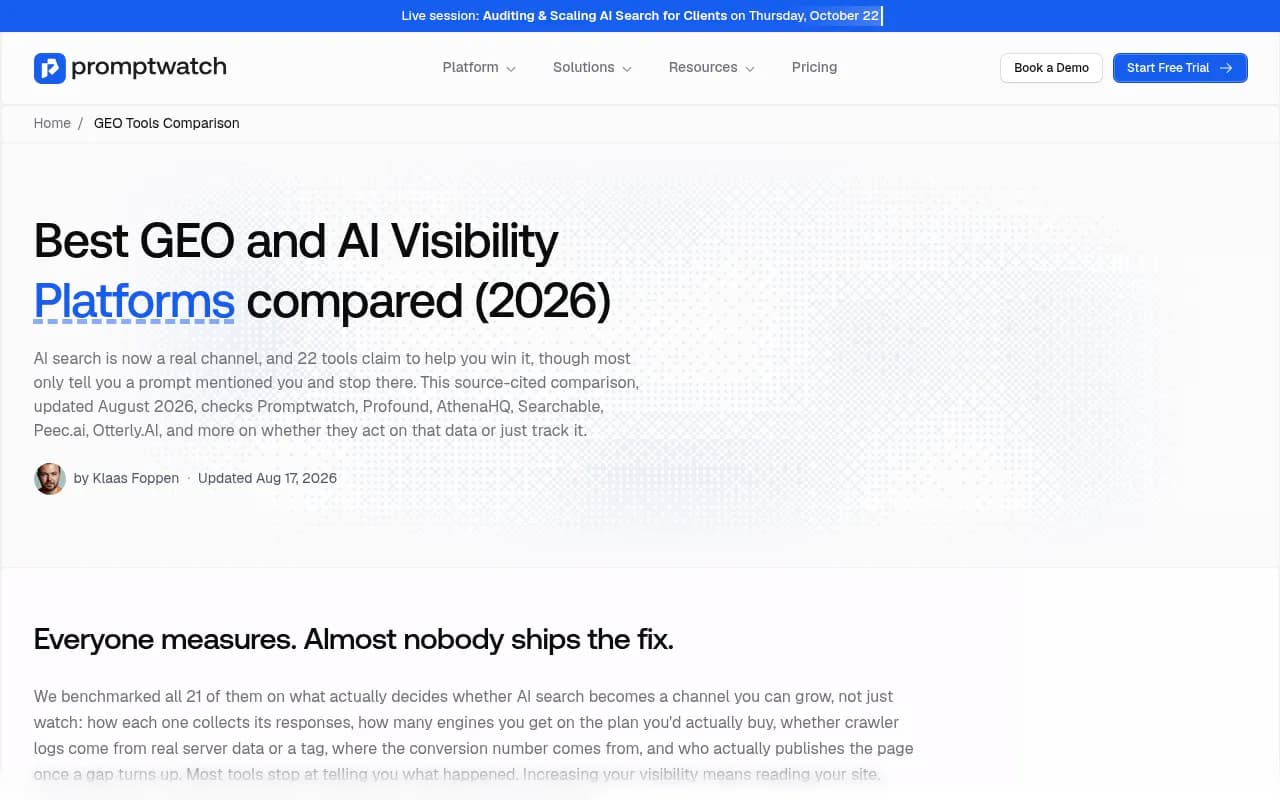 Promptwatch's comparison of 22 GEO and AI visibility platforms