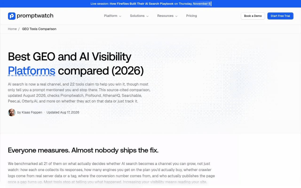 Promptwatch's comparison of GEO and AI visibility platforms