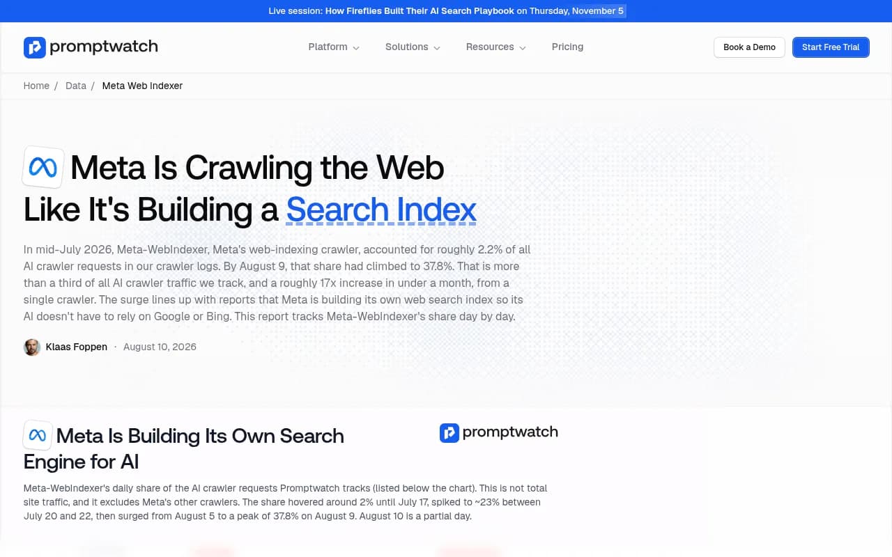 Promptwatch Data report showing Meta-WebIndexer's daily share of tracked AI crawler requests