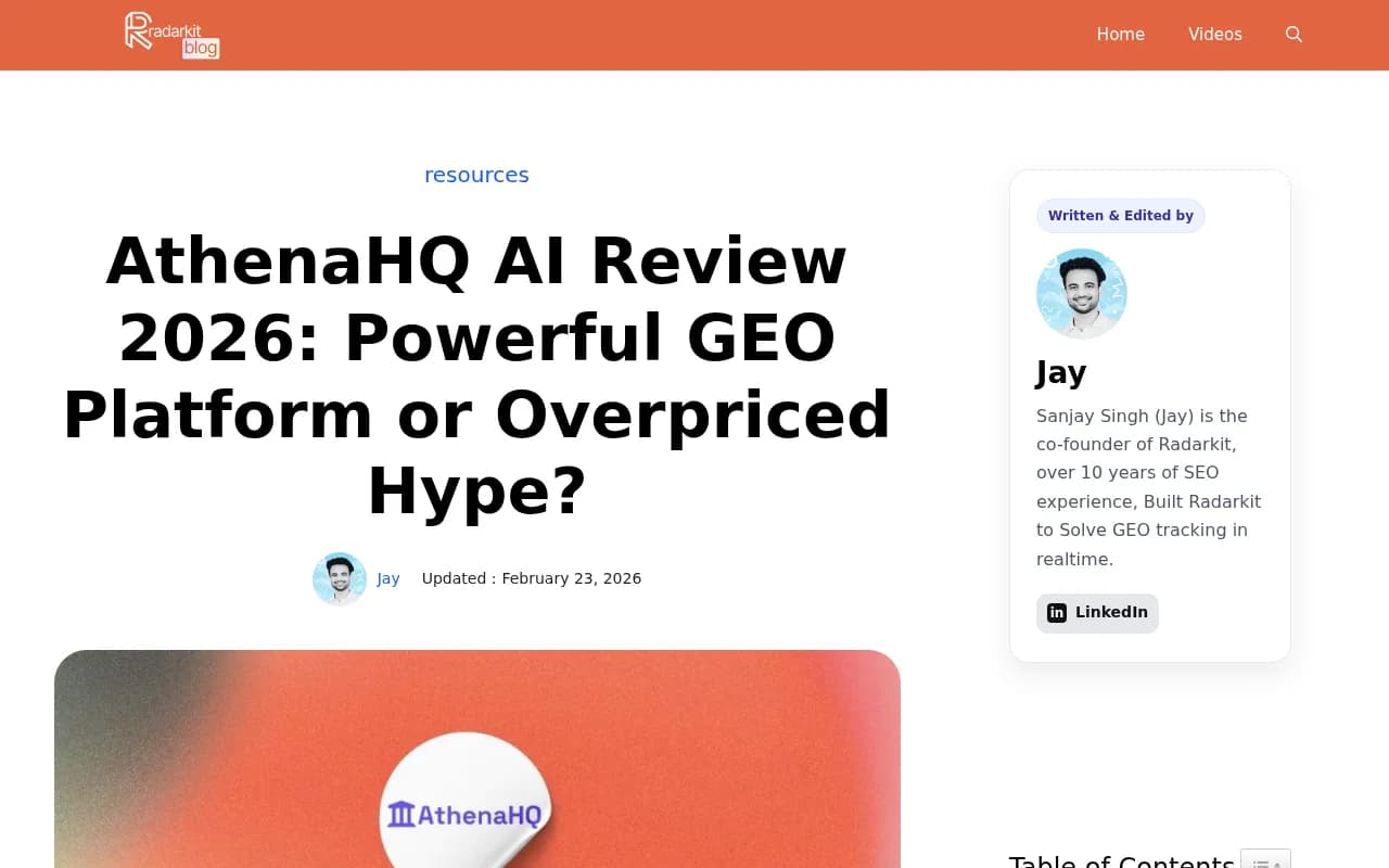 AthenaHQ AI Review 2026 from Radarkit - covering what the platform does and doesn't do
