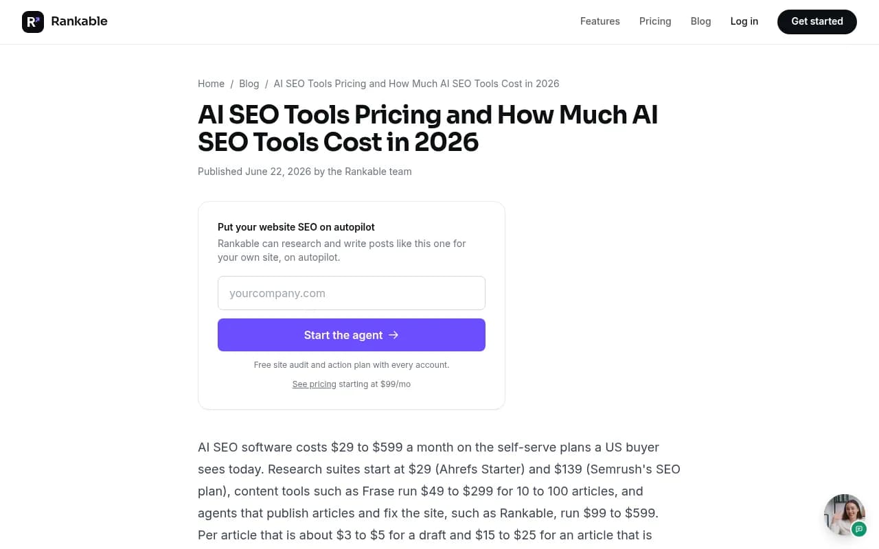 Rankable's June 2026 breakdown of what AI SEO software costs per month and per article