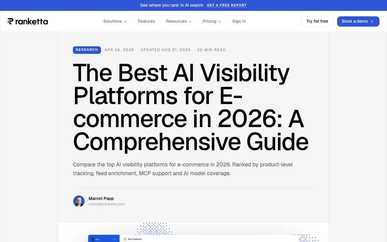 Ranketta's e-commerce AI visibility platform comparison showing product-level tracking across AI engines