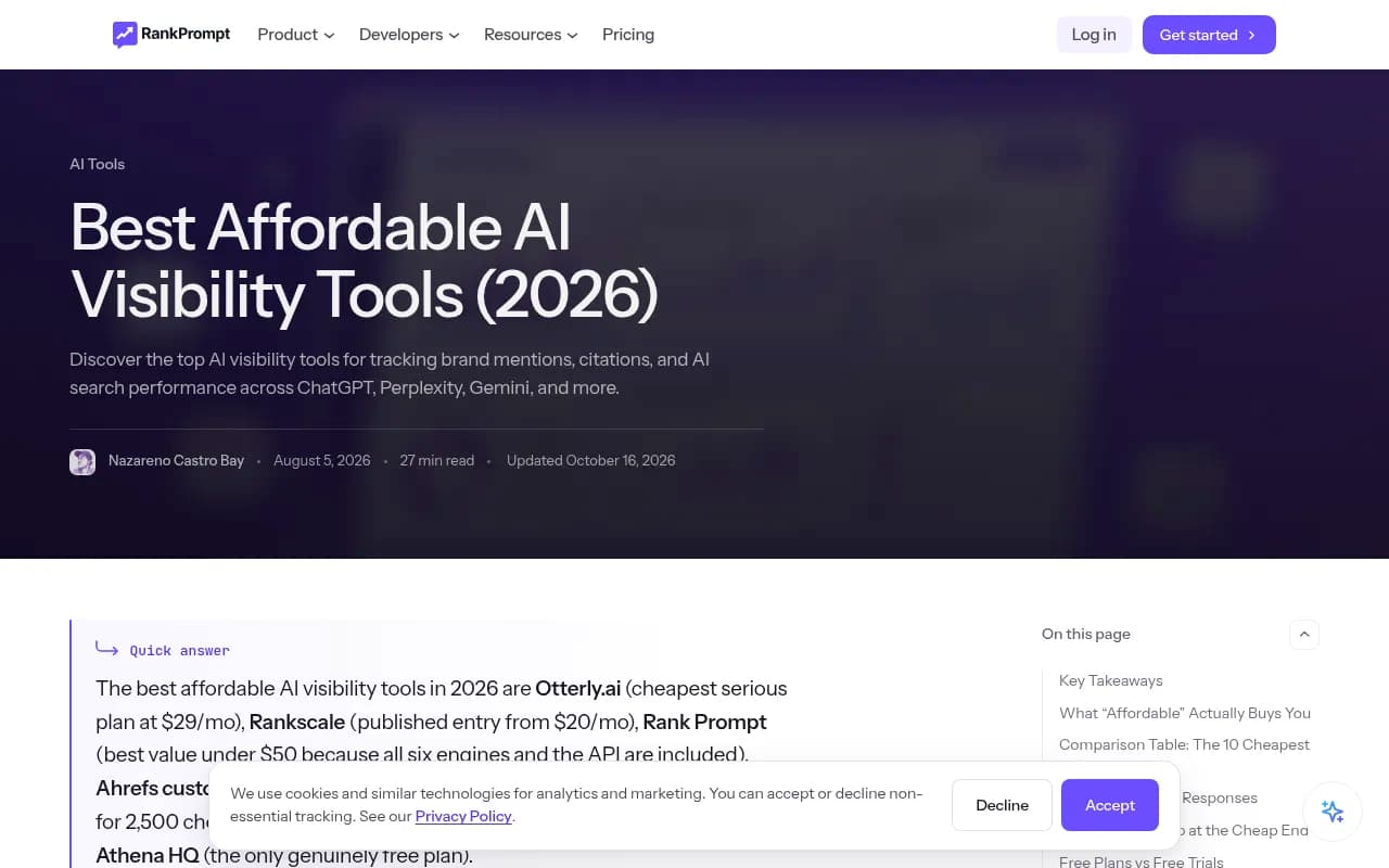 Rank Prompt's affordable AI visibility tool comparison, showing cost per 1,000 AI responses