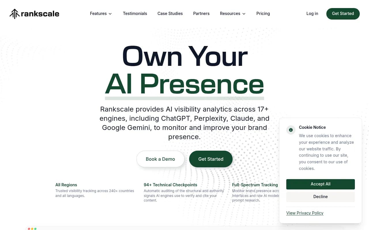 Rankscale AI visibility analytics platform homepage showing engine coverage and brand tracking features