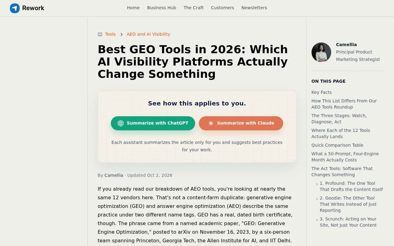 A roundup of 12 GEO tools sorted by whether they only watch, recommend, or change your site