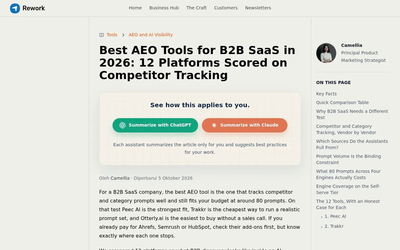 Rework's comparison of 12 AEO tools scored on competitor tracking for B2B SaaS