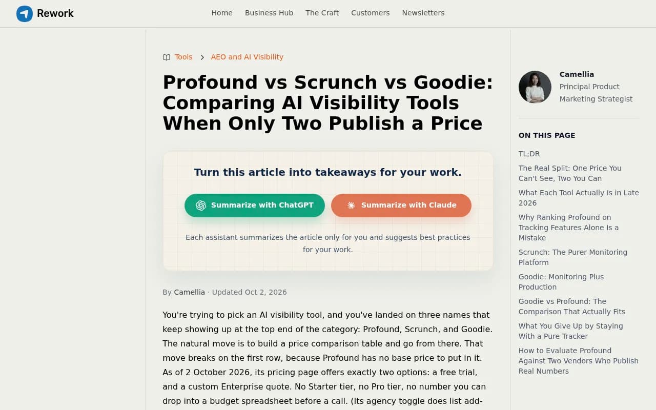 Rework's comparison of Profound, Scrunch and Goodie, showing which vendors publish pricing