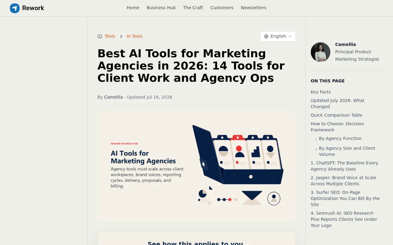 Rework's roundup of AI tools for marketing agencies, evaluated on multi-client handling