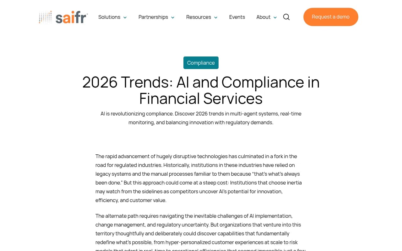 Saifr AI 2026 trends in AI compliance for financial services