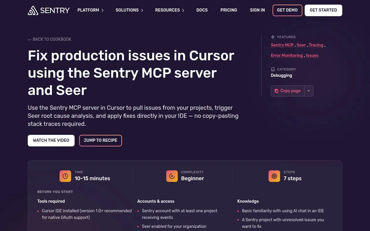 Sentry's cookbook recipe for fixing issues from Cursor with MCP
