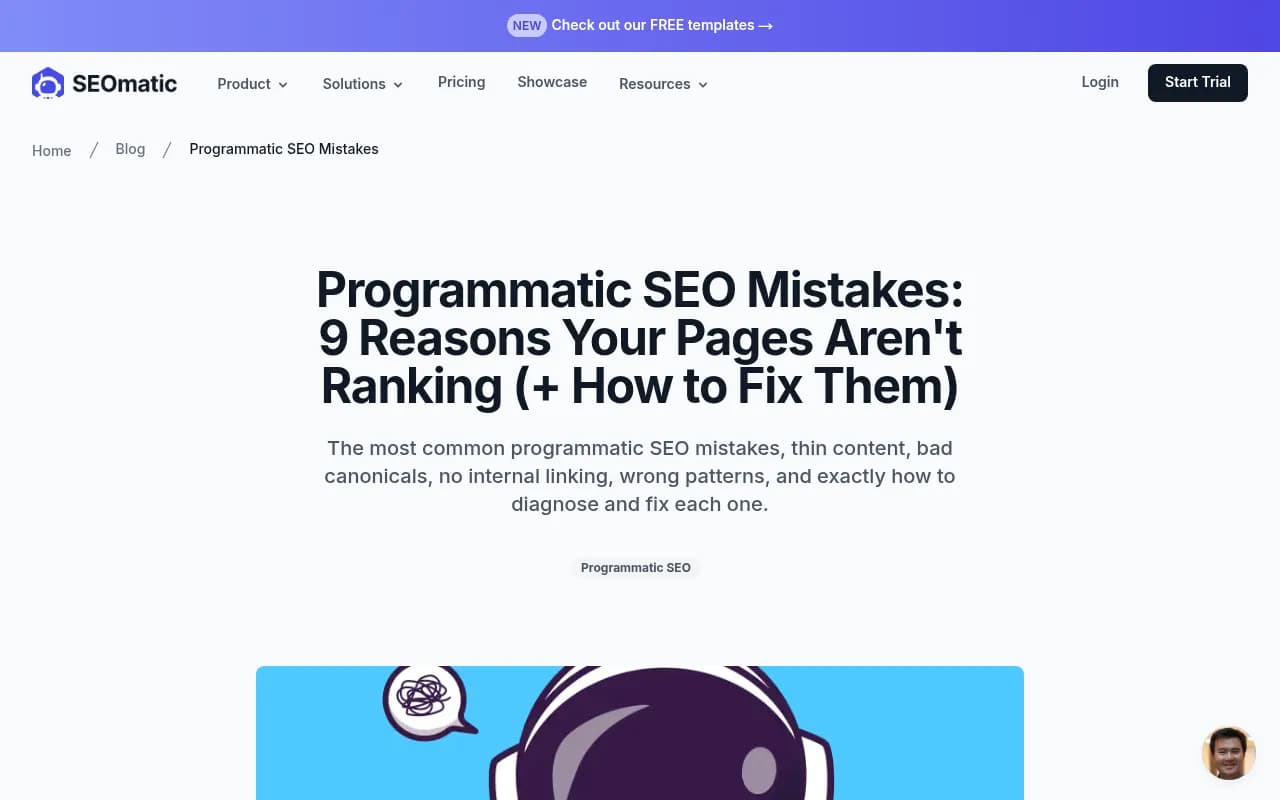 Programmatic SEO mistakes guide from SEOmatic covering thin content, canonicals and internal linking