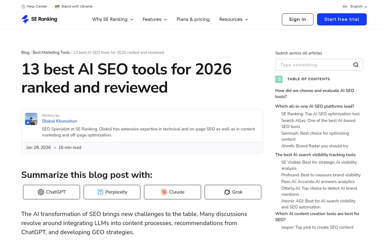SE Ranking's breakdown of best AI SEO tools for 2026, showing evaluation criteria including visibility tracking, AI platform coverage, and ranking history