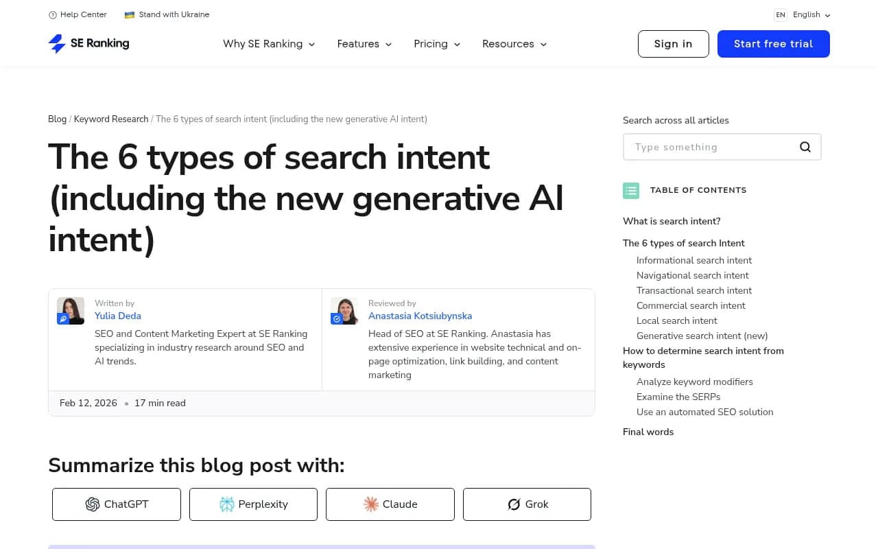 SE Ranking's analysis of search intent types including generative AI intent