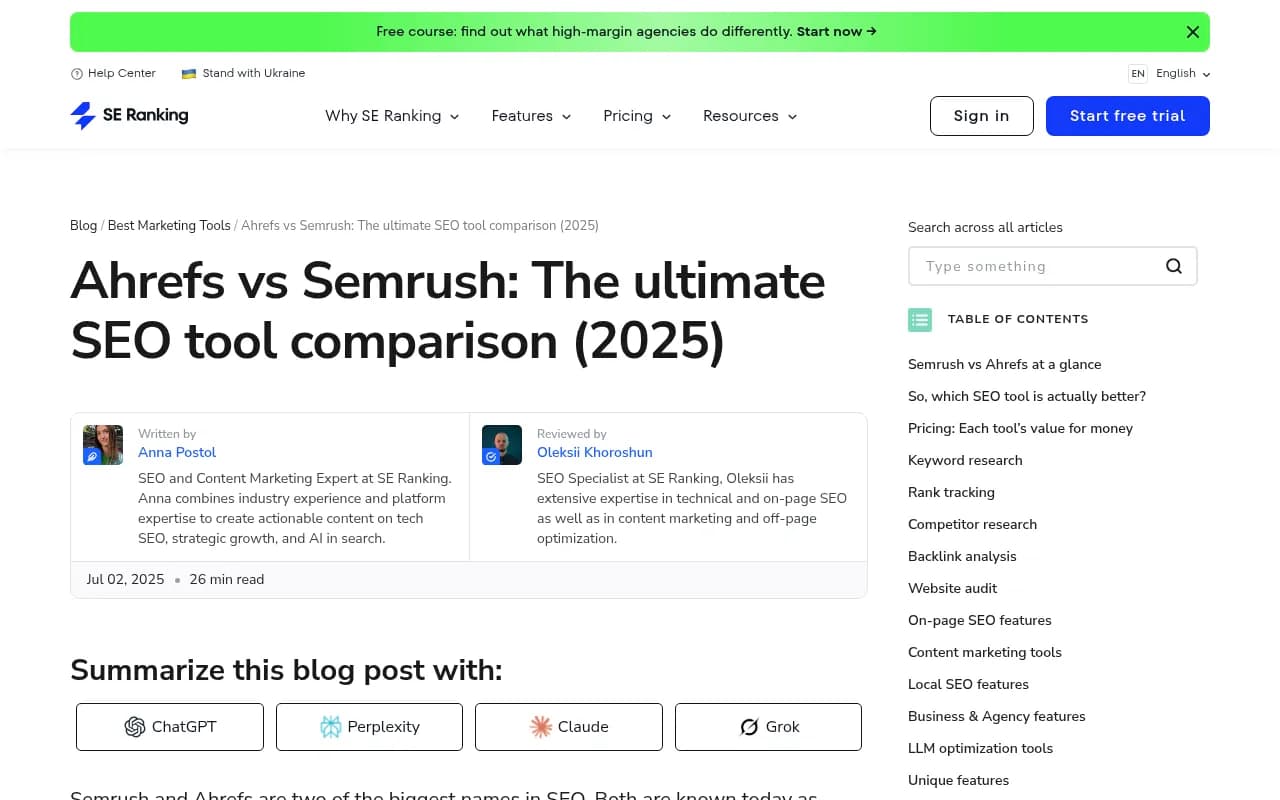 SE Ranking vs Ahrefs vs Semrush comparison from SE Ranking's blog