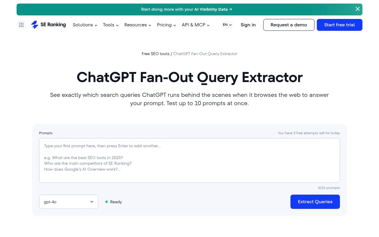 SE Ranking's free ChatGPT Fan-Out Query Extractor interface