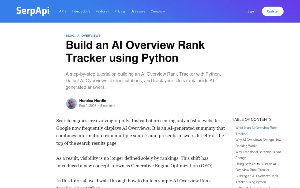 SerpApi tutorial on building an AI Overview rank tracker with Python