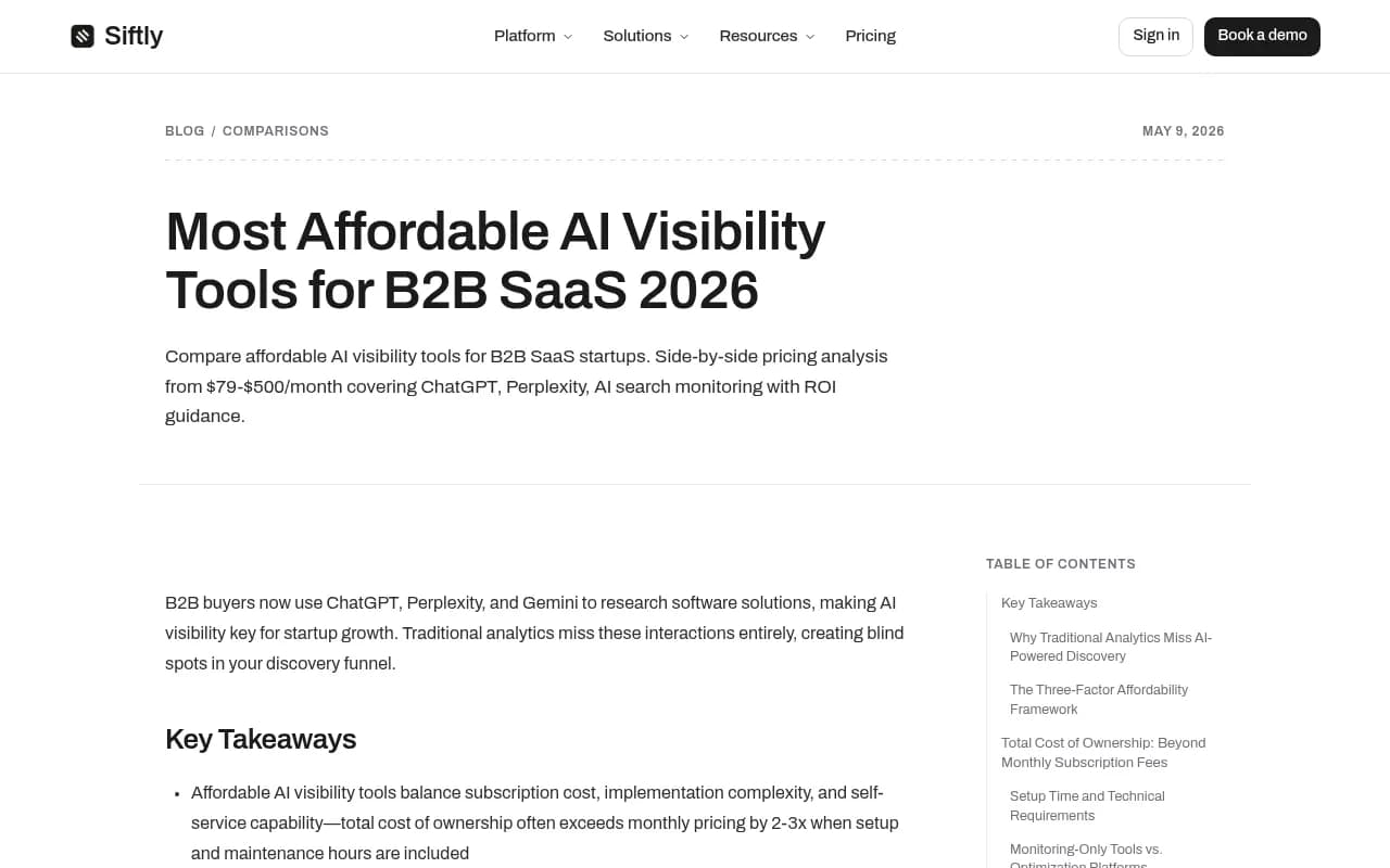 Siftly's own analysis of affordable AI visibility tools for B2B SaaS, showing their pricing framework from $0 to $500+ per month.