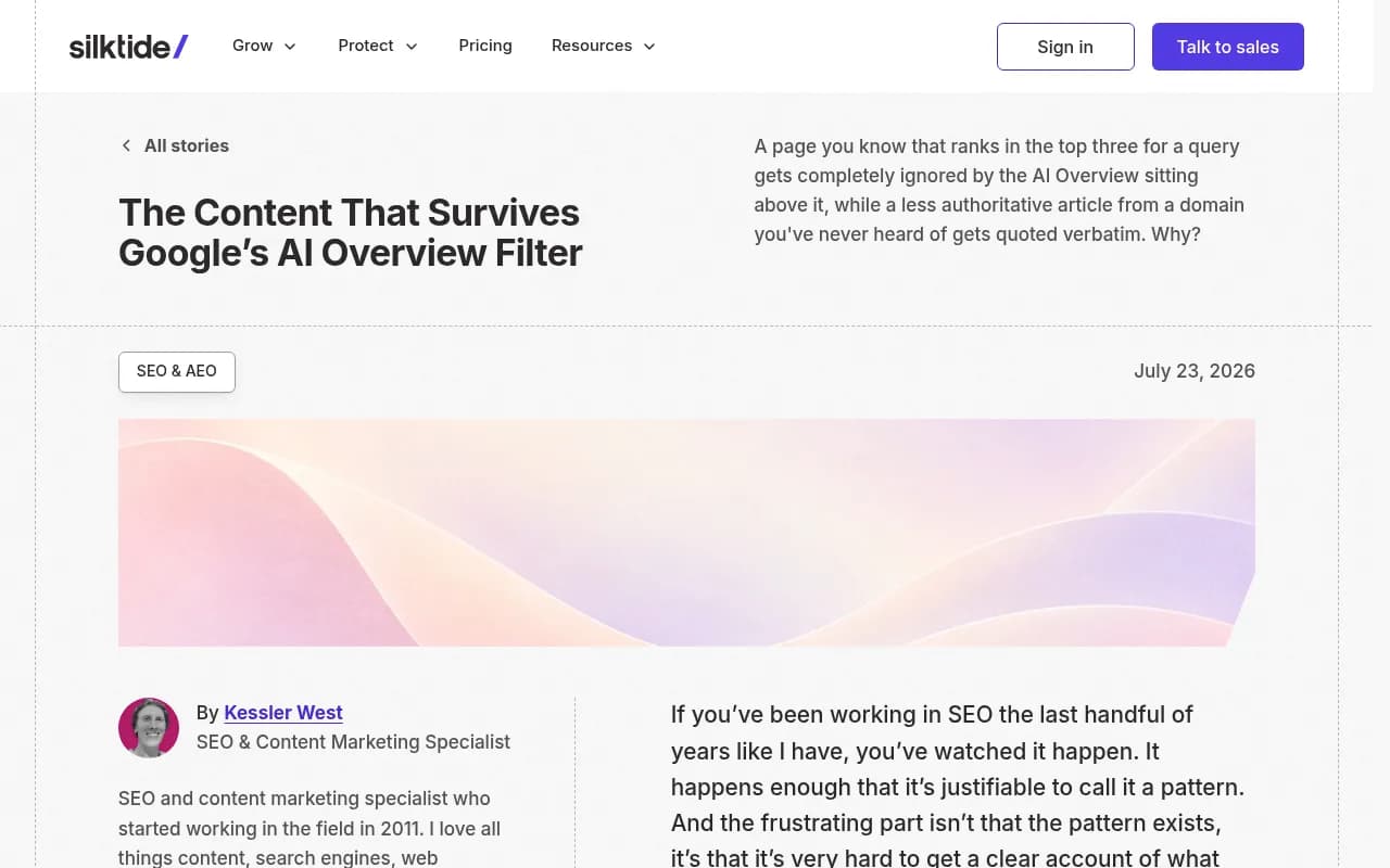 Silktide article on why ranking first does not mean getting quoted in AI Overviews