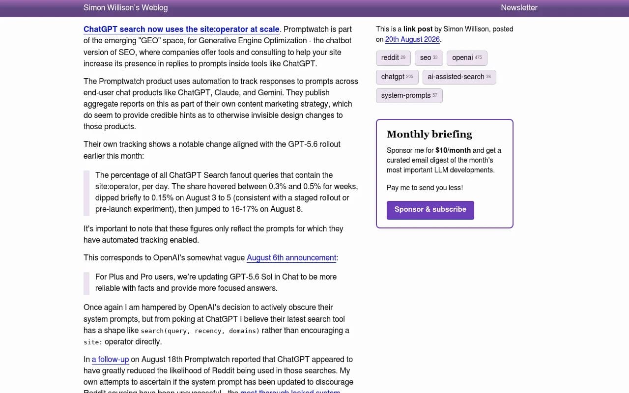 Simon Willison's write-up of the ChatGPT site: operator change