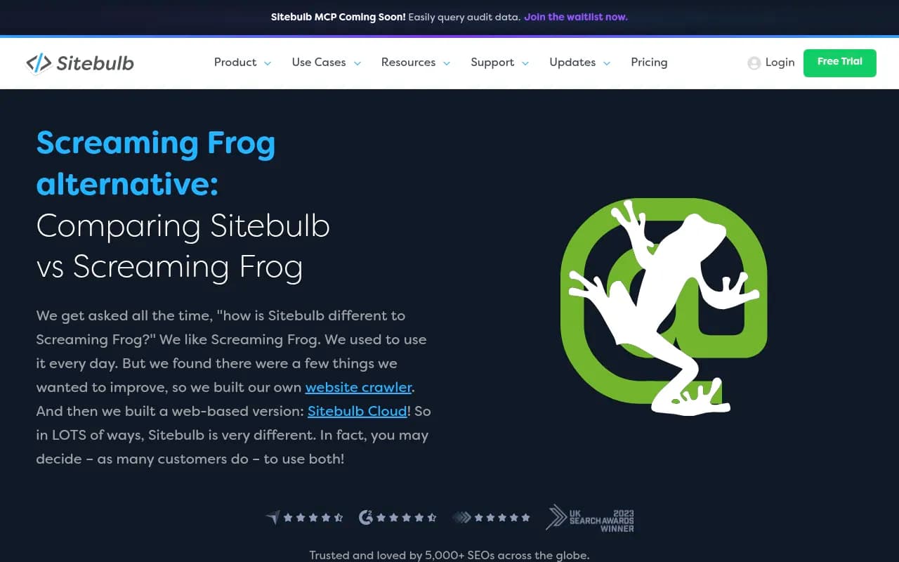 Sitebulb vs Screaming Frog comparison page showing feature differences and customer testimonials