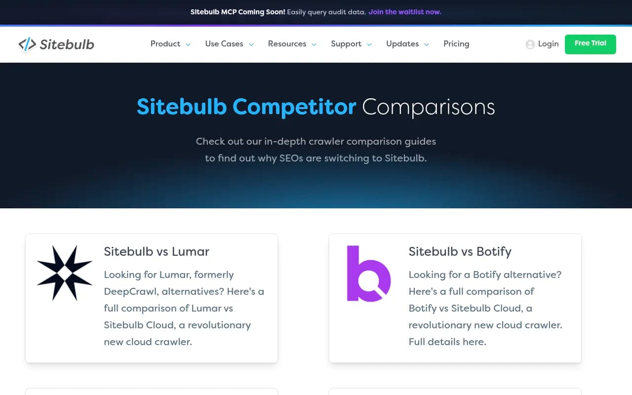 Sitebulb competitor comparison page showing alternatives including Lumar, Botify, OnCrawl, and Screaming Frog