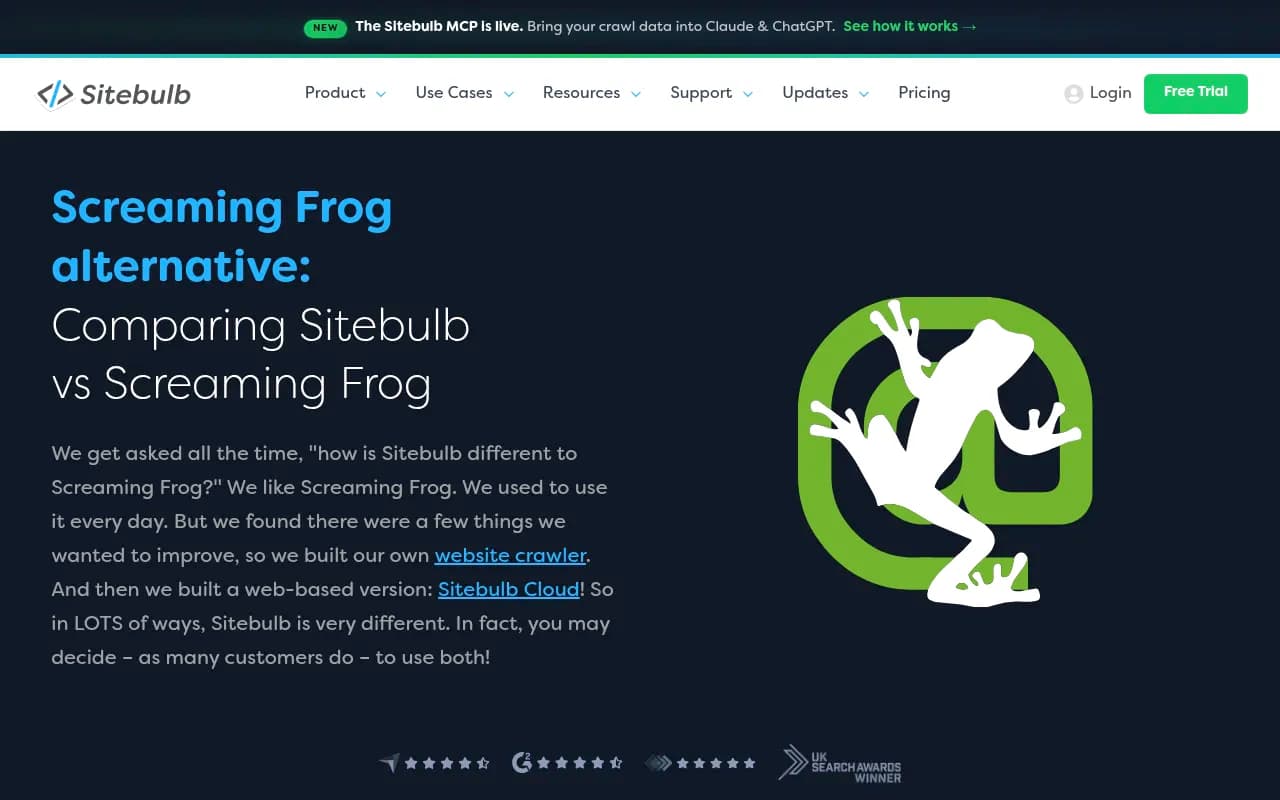 Sitebulb's comparison page, which lays out its feature differences against Screaming Frog