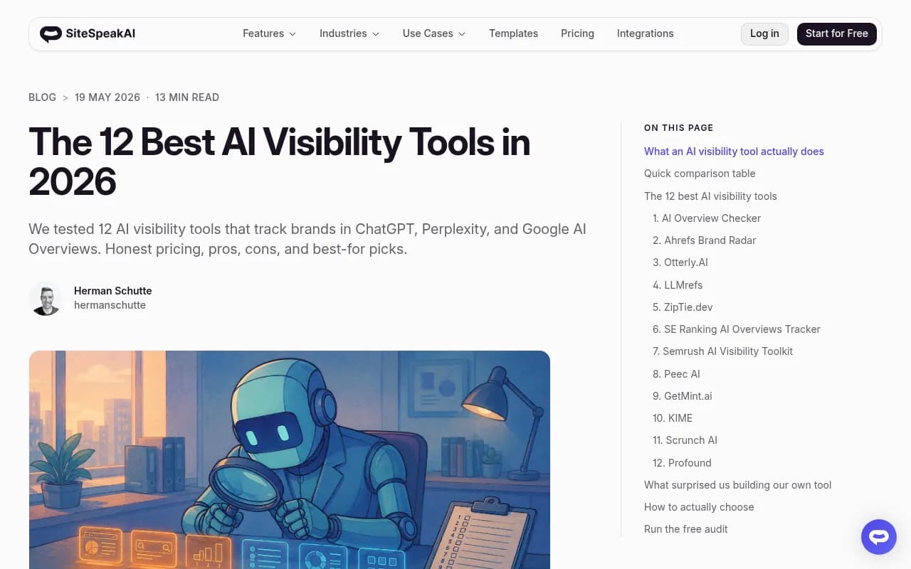 Comparison of top AI visibility tools in 2026 from SiteSpeakAI's roundup