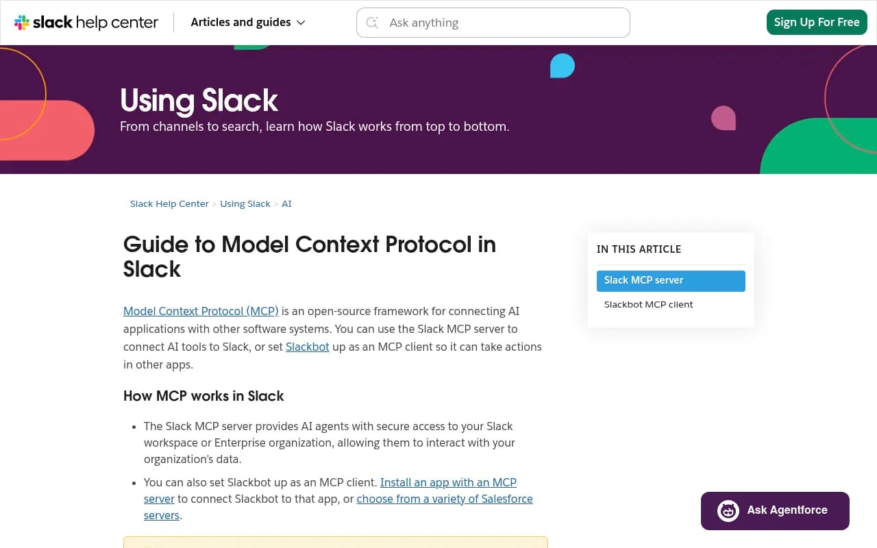 Slack Help Center's guide to Model Context Protocol, explaining MCP client and server roles inside Slack