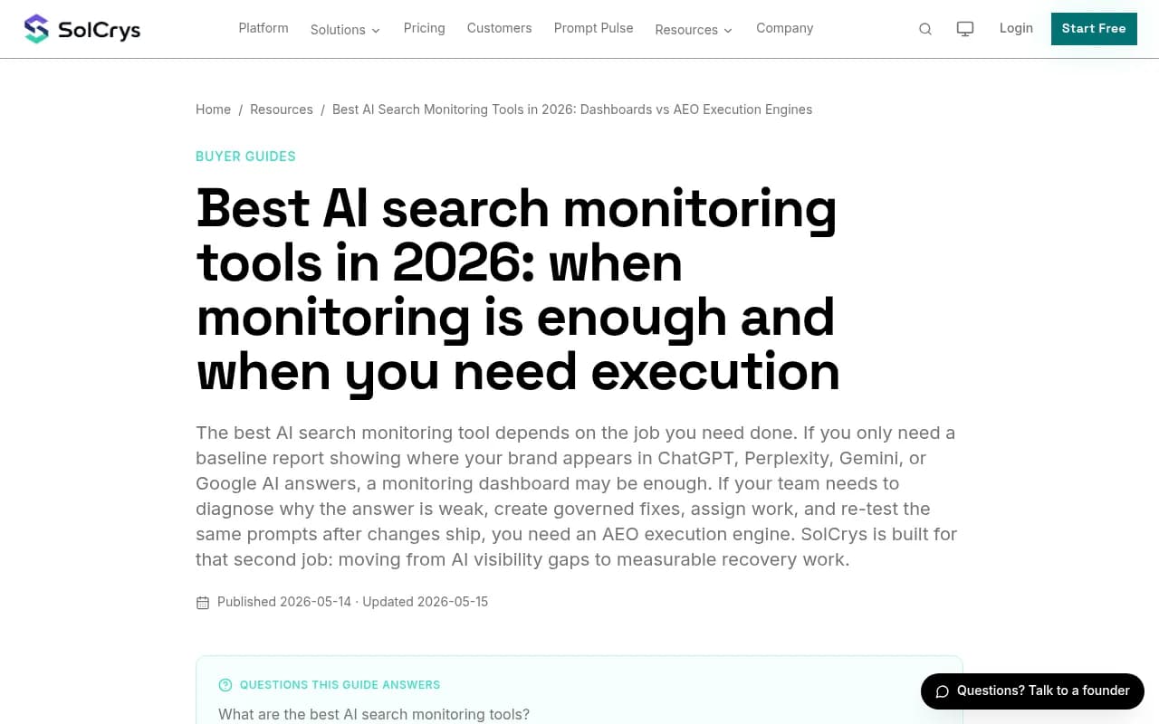 SolCrys comparison of AI search monitoring tools showing the monitoring vs execution split