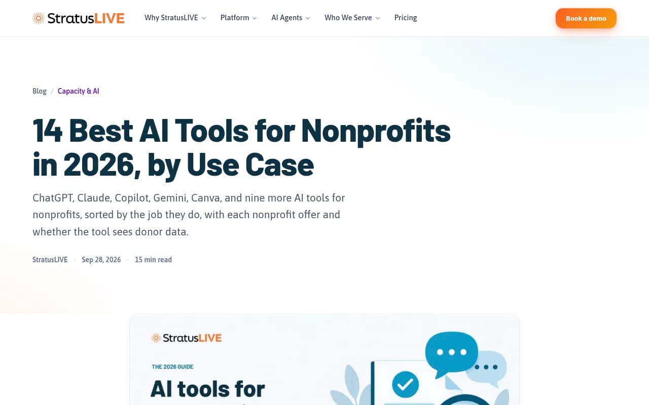 StratusLIVE guide to AI tools for nonprofits sorted by job, with nonprofit pricing