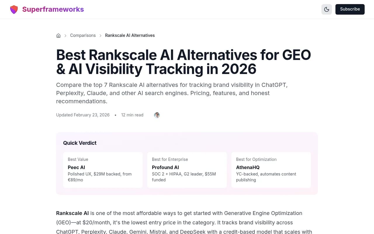 Rankscale AI alternatives comparison from Superframeworks