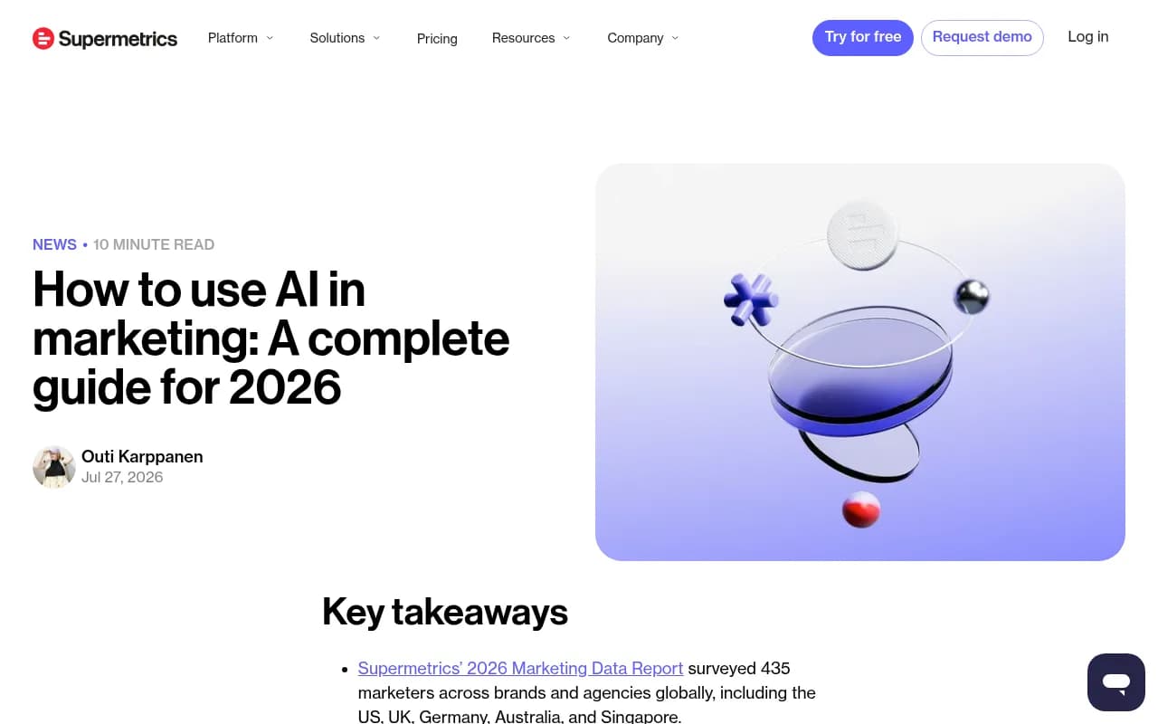 Supermetrics guide on using AI in marketing, with advice to pick one measurable workflow and test it against a baseline