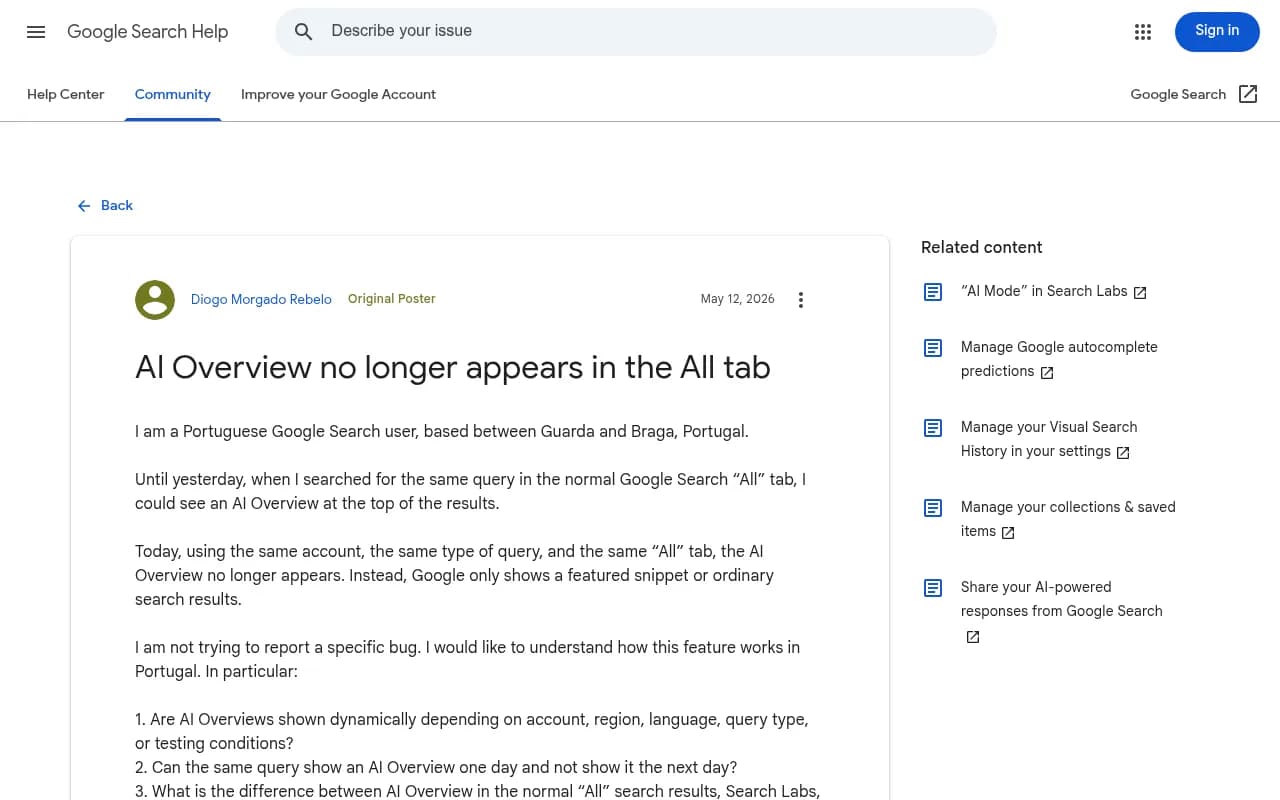 Google Search Community thread showing AI Overview inconsistency across days