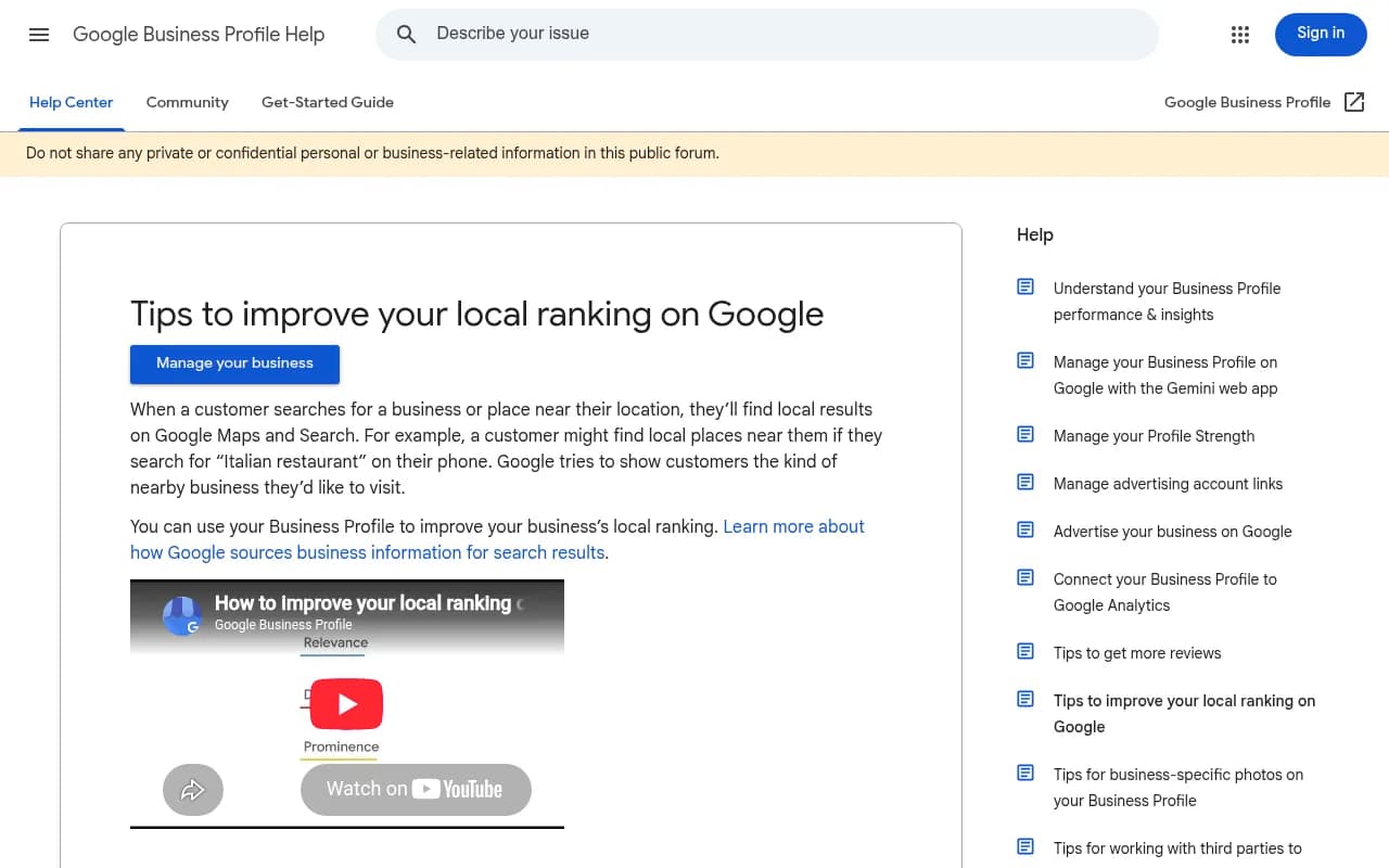 Google's official guidance on local ranking factors including relevance, distance, and prominence
