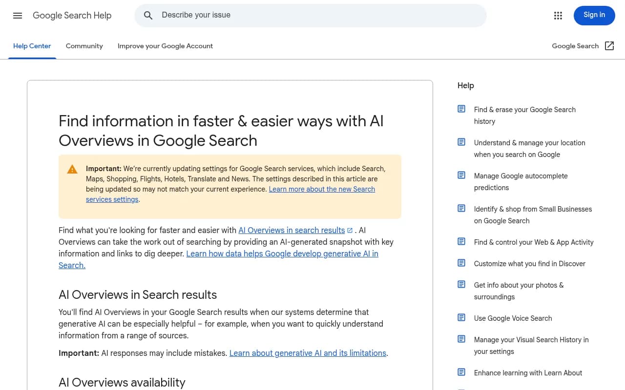 Google's support documentation explaining how AI Overviews appear in search results