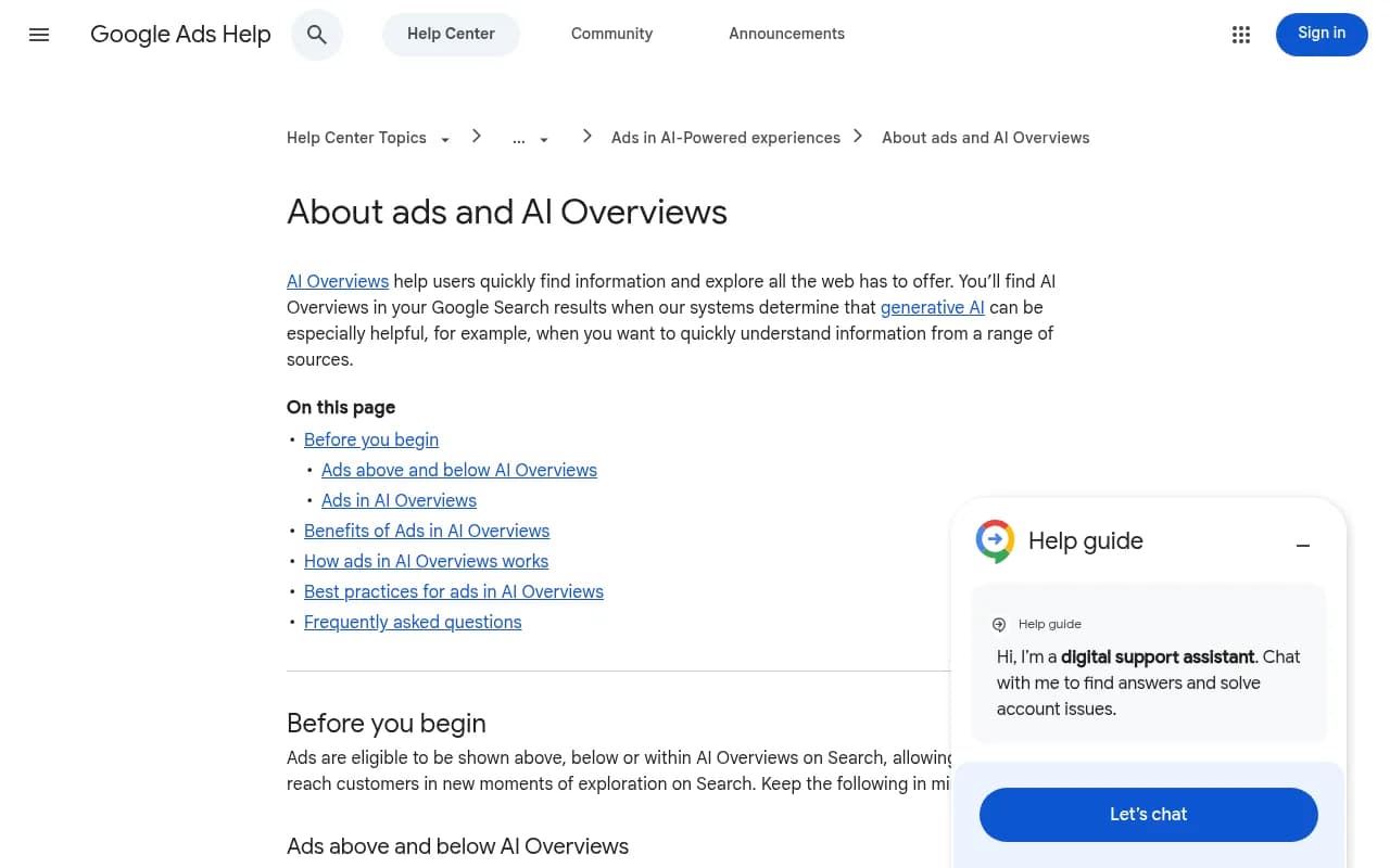 Google Ads Help documentation on ads in AI Overviews, confirming no segmented reporting exists for placements inside AI Overviews