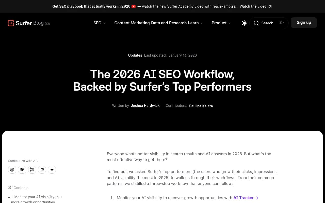 Surfer SEO 2026 AI workflow showing content editor and AI tracker features
