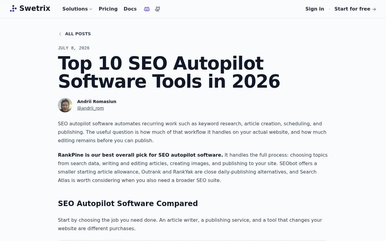 Swetrix's comparison of SEO autopilot software, with a table of price references and what to verify in a trial