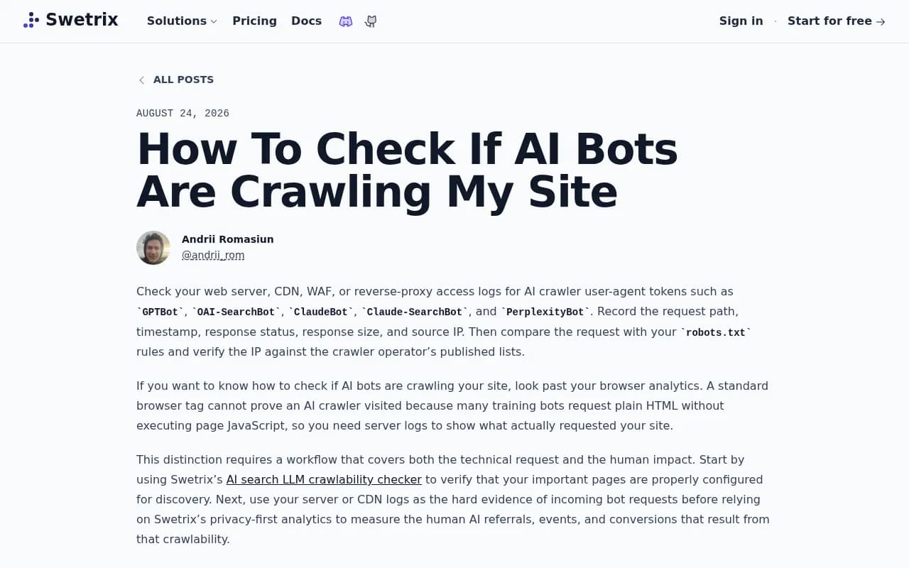 Swetrix guide showing how to check server, CDN and WAF logs for AI crawler user-agent tokens