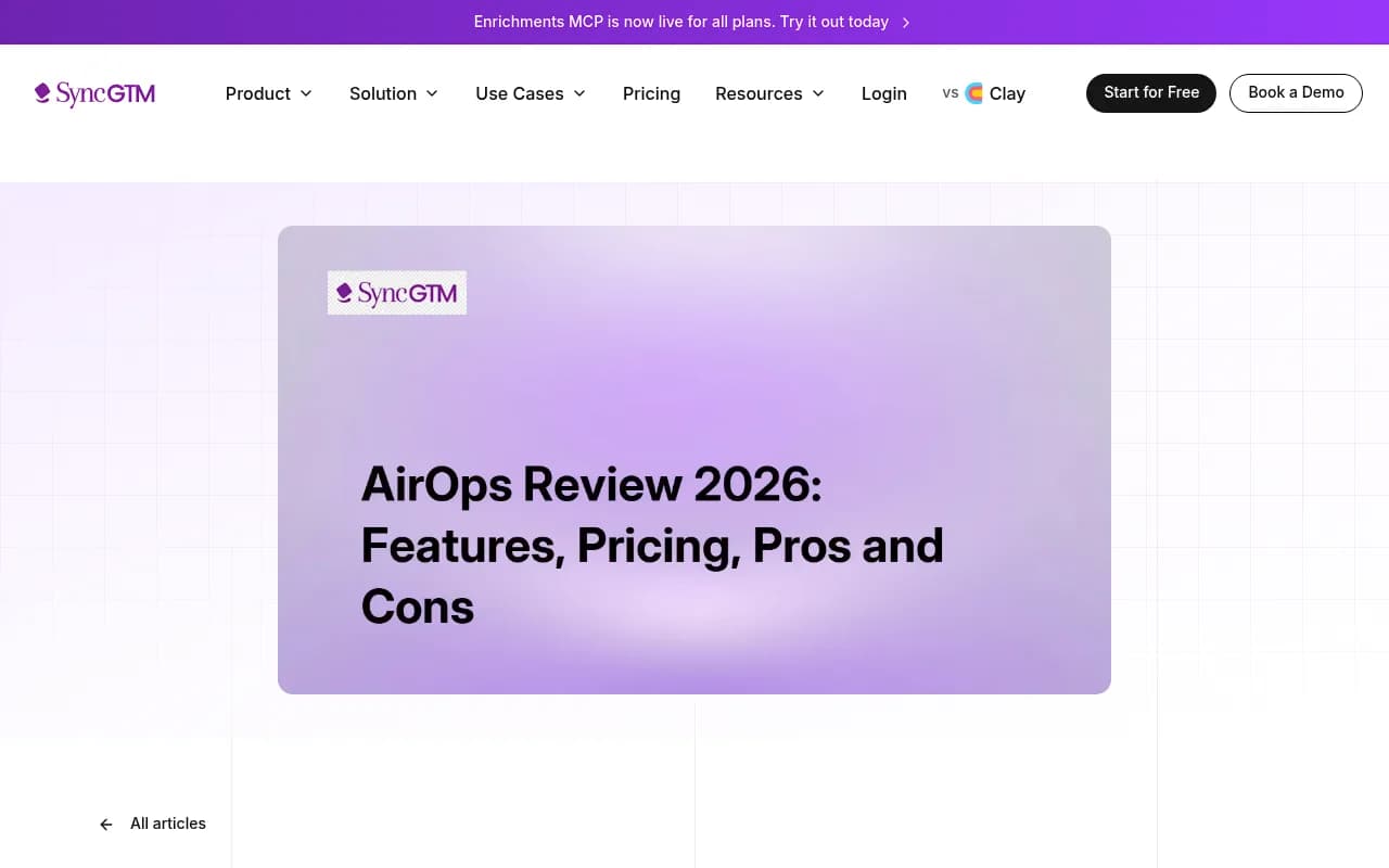 AirOps review breakdown from SyncGTM showing feature comparison and limitations
