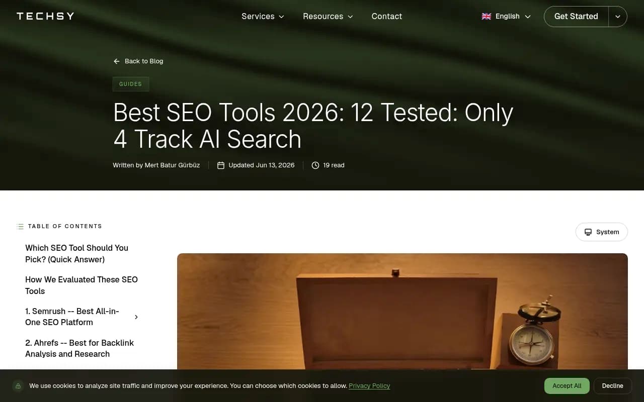 TECHSY's 2026 SEO tool comparison showing which tools track AI search