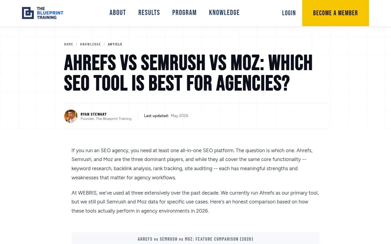 Ahrefs vs Semrush vs Moz comparison overview from The Blueprint Training