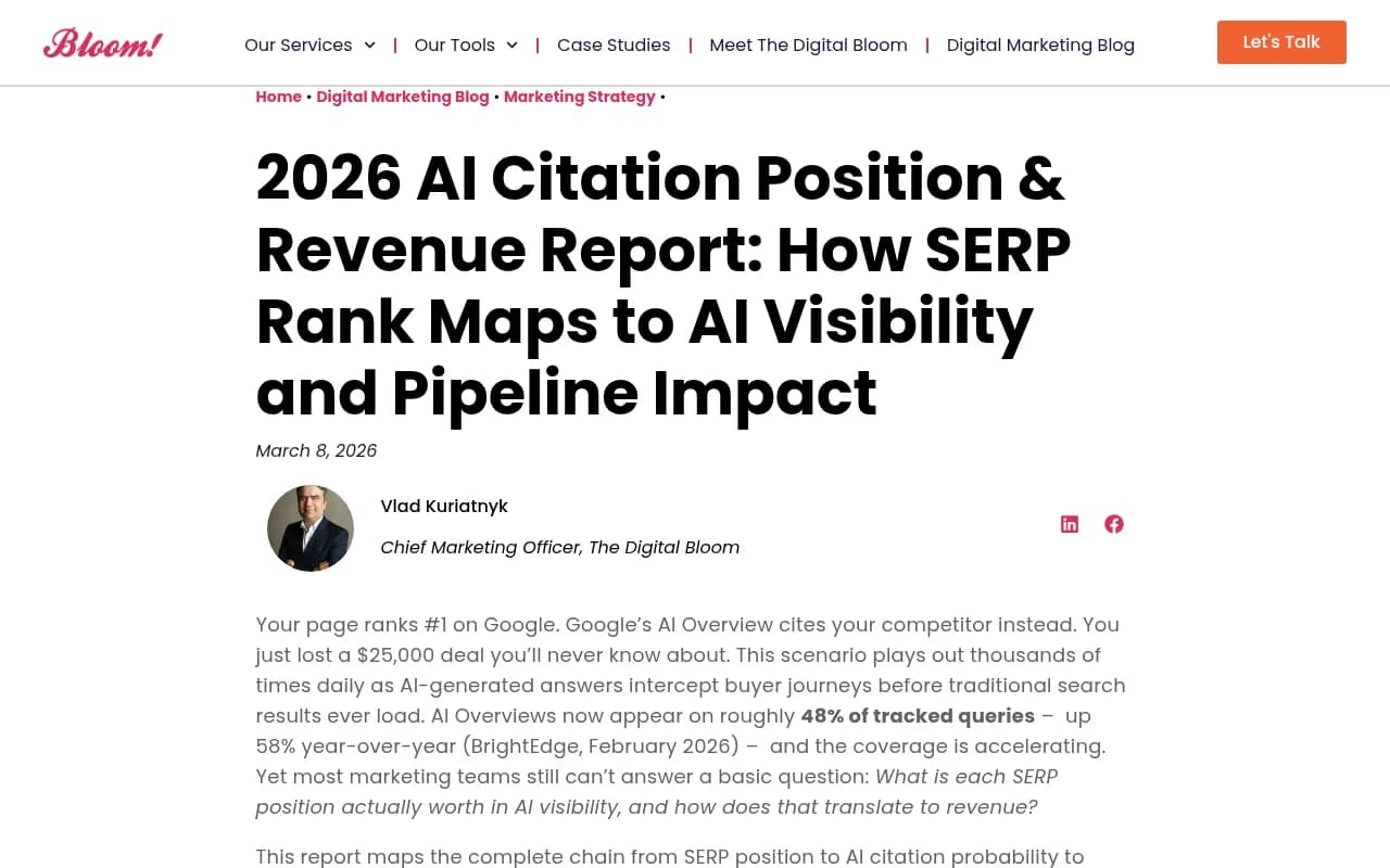 2026 AI citation position and revenue report data from The Digital Bloom