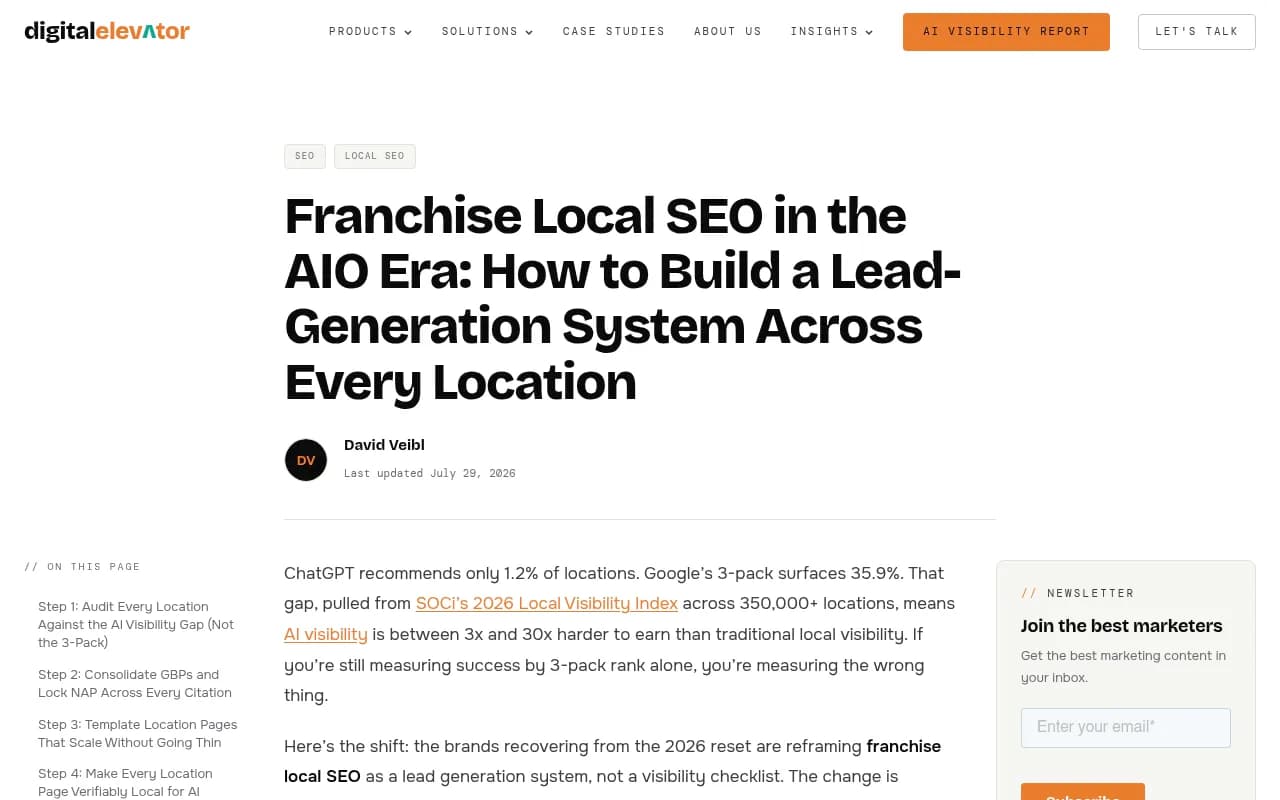 Digital Elevator's franchise local SEO guide, which lays out a per-location audit and tiering approach