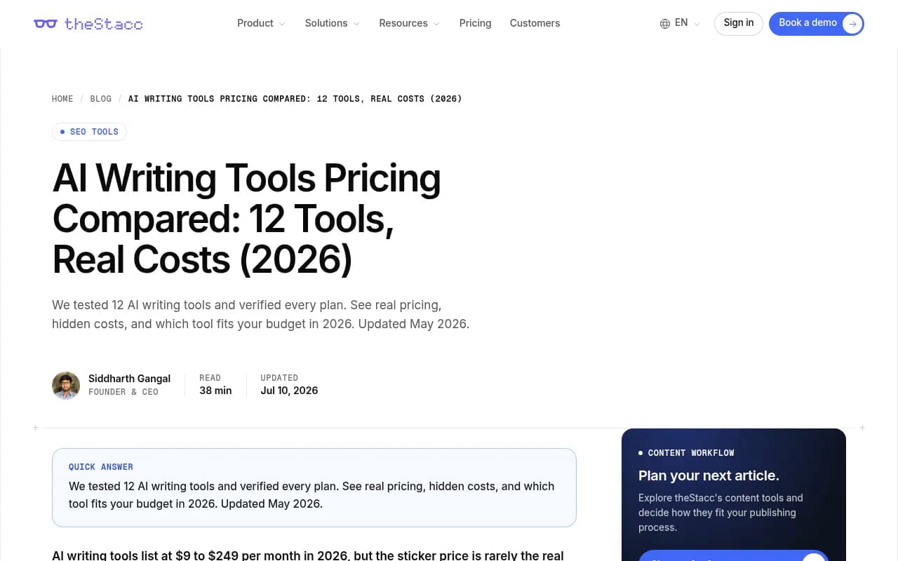 theStacc's 2026 comparison of AI writing tool pricing across 12 tools
